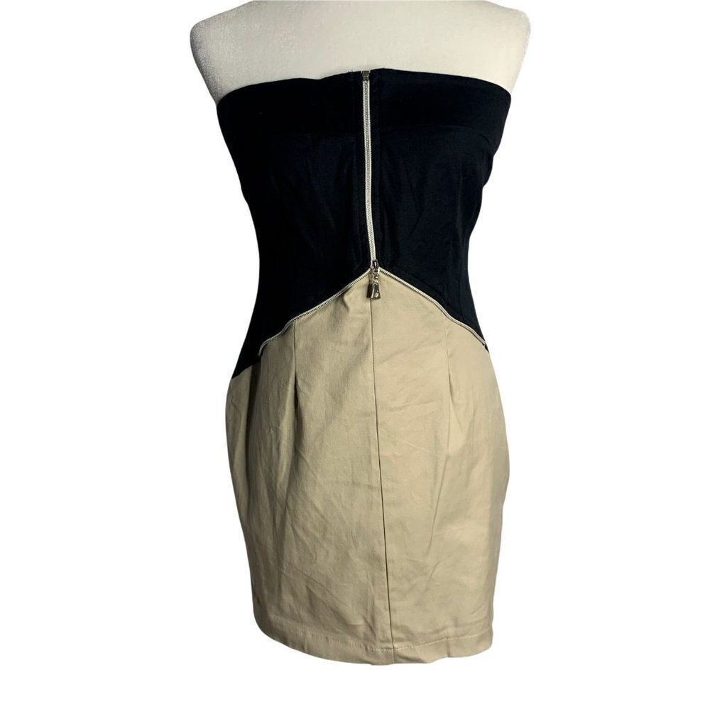 TFNC London Strapless Zipper Mini Dress S Black Beige Stretch Cotton Unlined NEW